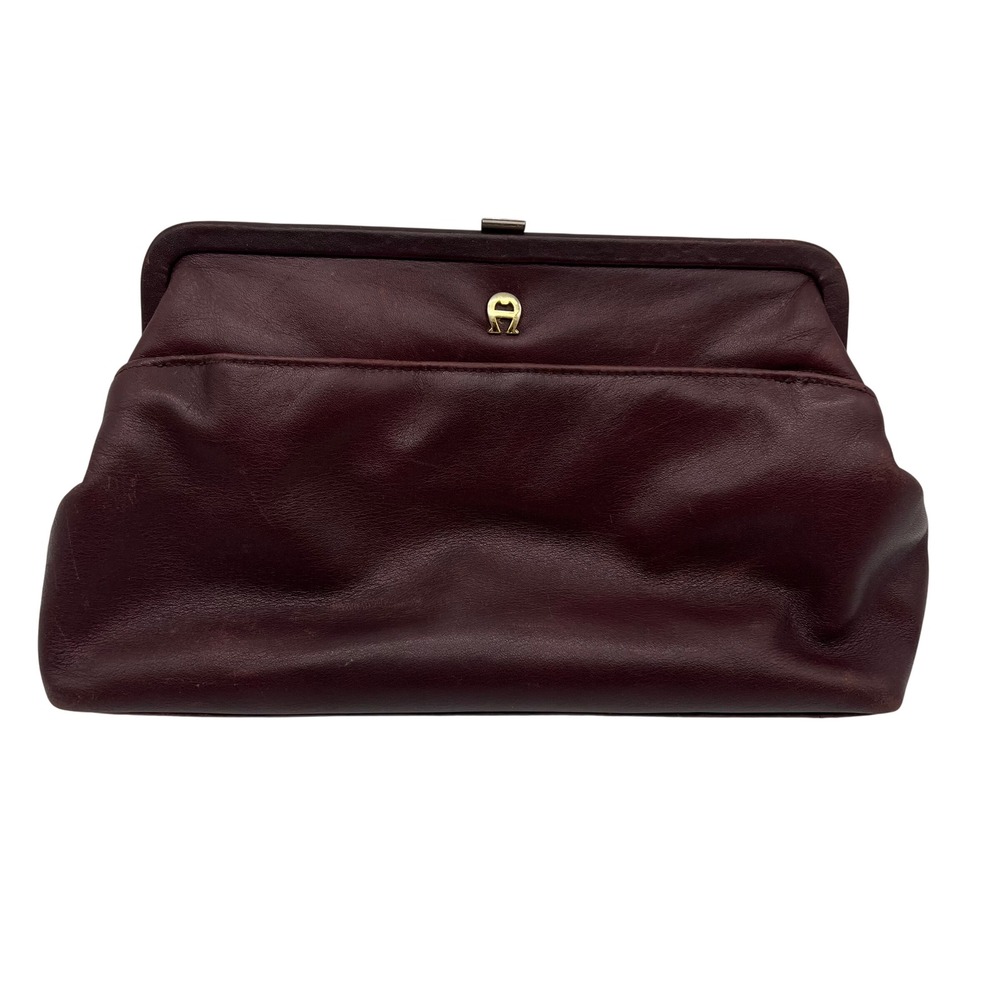 Etienne Aigner Leather Clutch Oxblood Vintage Frame Bag Gold Logo Kiss Lock